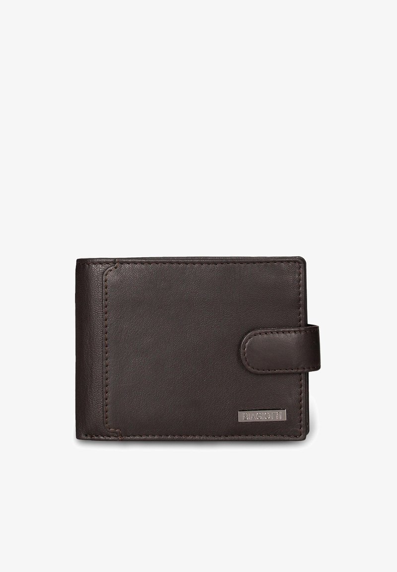 Portafoglio in pelle marrone con texture liscia, forma rettangolare e chiusura a scatto. Presenta un dettaglio con logo argentato sul davanti.