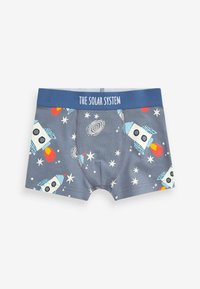 Kinderboxershorts mit einem grauen Hintergrund und bunten Raketen- und Sternmotiven, einem elastischen Bund mit der Aufschrift "DAS SONNENSYSTEM".