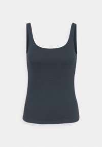 Top blu navy senza maniche con scollo a barca, spalline sottili e silhouette aderente, realizzato in morbido e elastico tessuto a coste.