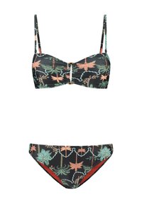 Čierny bikinový set so kvetinovými vzormi v zelenej a koralovej farbe, s nastaviteľnými ramienkami na vrchu a klasicky strihanými nohavičkami.