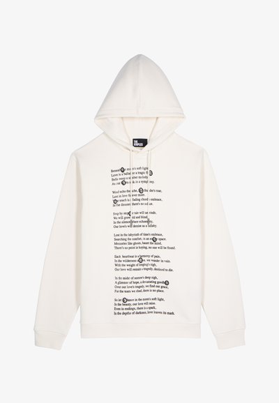 Cream-colored hooded sweatshirt featuring a central printed poem in black text, with long sleeves and a ribbed hem and cuffs.