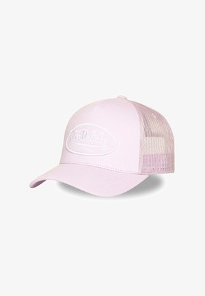 Light pink Von Dutch baseball cap with mesh back and curved brim, featuring white embroidered brand logo on front panel.