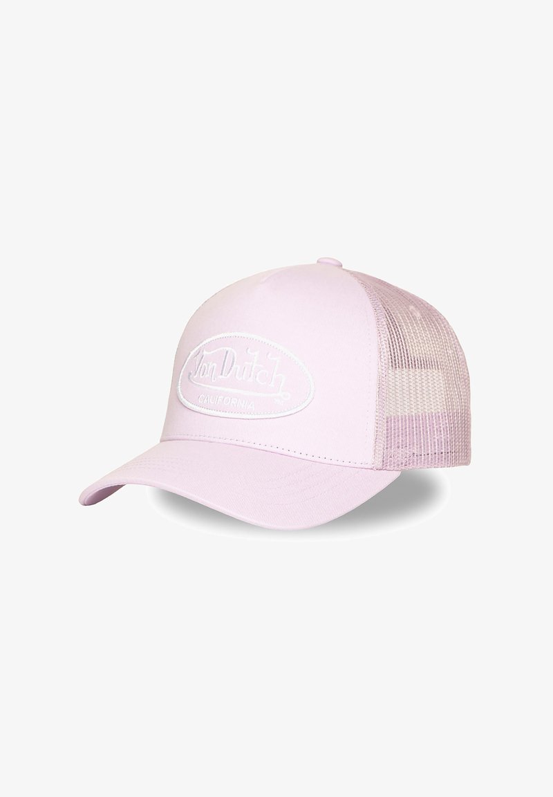 Hellrosa Von Dutch Baseballkappe mit Netzrückseite und gebogenem Schirm, mit weißem, gesticktem Markenlogo auf der Vorderseite.