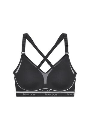 Must spordirinnahoidja, millel on reguleeritavad ristiolulised trikid ja elastne pael, millel on valge taustaga kiri "triaction".