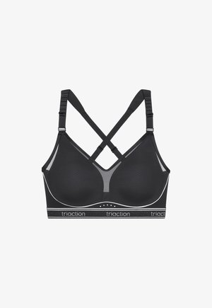 Črni športni nedrček z nastavljivima prekrižanima naramnicama in elastičnim trakom z napisom "triaction" na belem ozadju.