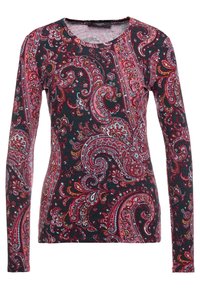 Long-sleeve top in dark fabric featuring a vibrant paisley pattern in pink, red, and orange with a round neckline and fitted design.
