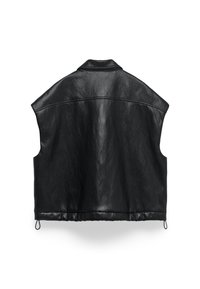 Gilet in pelle nera con colletto alto, design senza maniche, superficie testurizzata e orlo inferiore arricciato con cordini.