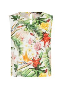 Ärmellose Bluse mit floralem Muster, die einen weißen Hintergrund mit lebhaften grünen Blättern, rosa Rosen und orangen tropischen Blumen zeigt. Mit Keyhole-Ausschnitt.