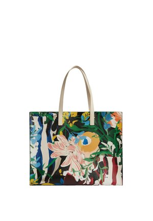 Rechthoekige draagtas met crèmekleurige handvatten, met een kleurrijk bloem- en abstract bladmotief in blauw, groen, geel, roze en oranje tinten.