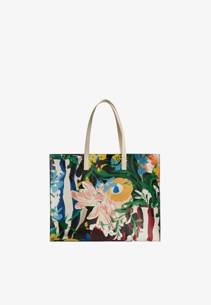 Sac fourre-tout rectangulaire avec poignées crème, présentant un motif floral coloré et abstrait de feuilles dans des tons de bleu, vert, jaune, rose et orange.