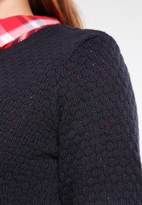 Mörkblått stickat tröja med en texturerad mönster och små röda inslag, med rundad halsringning och synliga sömnadsdetaljer.