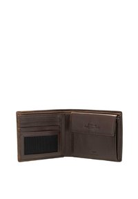 Portefeuille bifold en cuir marron avec plusieurs fentes pour cartes, fenêtre pour ID et une accent texturé. Il présente une finition lisse et des bords cousus.