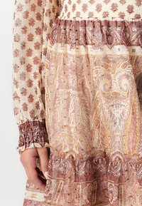 Robe longue transparente à manches longues avec poignets smockés et motifs floraux et cachemire complexes dans des tons beige, marron et rose doux.
