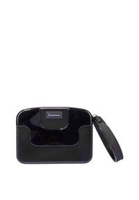 Borsa a tracolla nera rettangolare con finitura liscia e lucida, dotata di chiusura superiore, ritaglio laterale e una tracolla testurizzata.