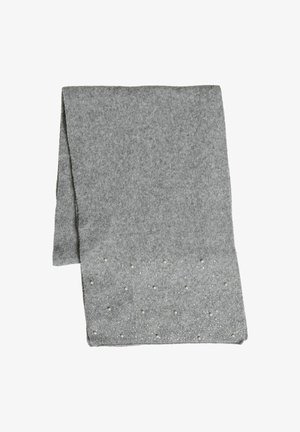 Grauer Schal aus weichem Strickstoff mit strukturierter Oberfläche, versehen mit kleinen, gleichmäßig verteilten dekorativen Verzierungen am unteren Rand.