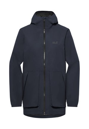 Marineblaue wasserdichte Jacke mit Kapuze, durchgehendem Frontreißverschluss, langen Ärmeln und zwei vorderen Klappentaschen, entworfen für den Außeneinsatz.