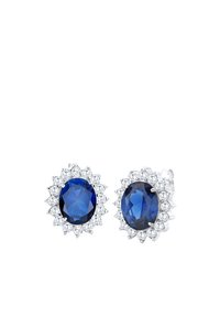 Ovale blaue Edelsteine, umgeben von kleinen Kristallakzenten in floralem Design; eingefasst in poliertem Silber. Geeignet für formelle Anlässe.