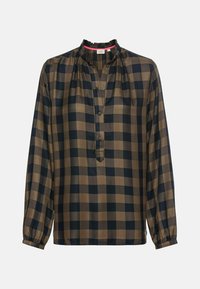 Langarmige geruite shirt in donker marineblauw en bruin met rimpelkragen, een knoopsluiting aan de voorkant en een relaxte pasvorm. Zachte stoftextuur.