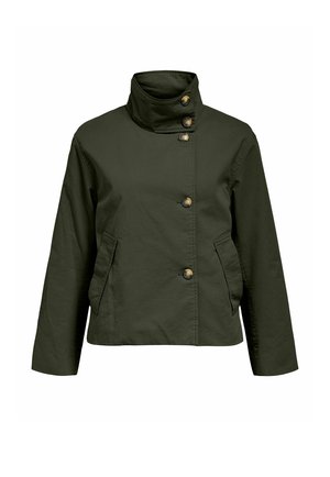 Veste vert olive avec col montant, cinq boutons sur le devant, manches longues et deux poches latérales, fabriquée en tissu lisse.