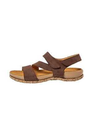 Brun lædersandal med justerbare stropper og tekstureret beige sål, designet til komfort og afslappet brug.
