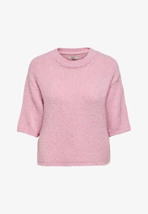 Pull en tricot rose clair avec un col rond, des manches courtes et une coupe décontractée. Le tissu a une apparence texturée et douce.