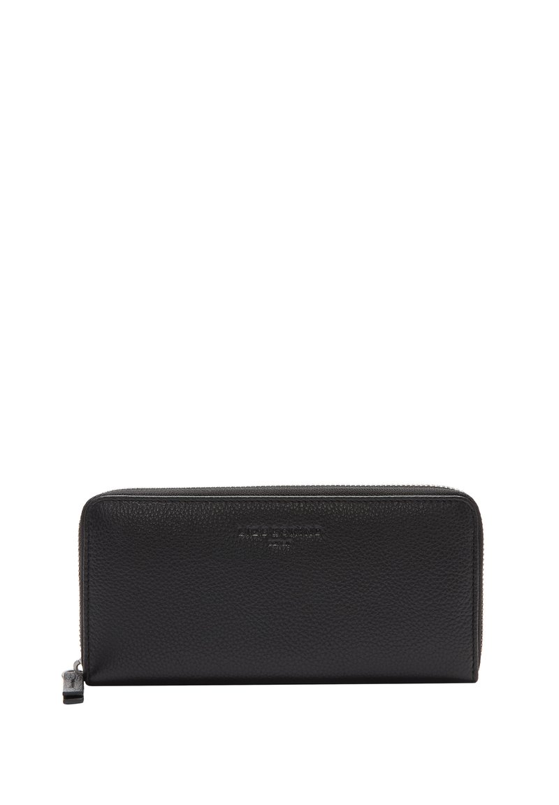 Czarny skórzany portfel o fakturowanym wykończeniu, z zamkiem błyskawicznym i tłoczonym logo. Prostokątny kształt, minimalistyczny design, bez widocznych zdobień.