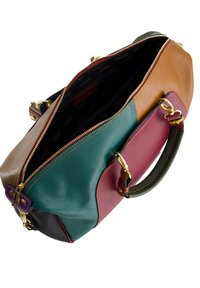 Multi-colored leather bag featuring green, brown, burgundy, and black panels. Gold-tone hardware and zipper, textured surface, and dual handles.