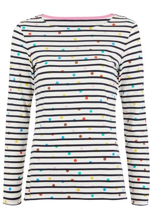 Blusa de manga larga con rayas horizontales en color azul marino y lunares multicolores sobre un fondo crema, con un acento en el escote color rosa.