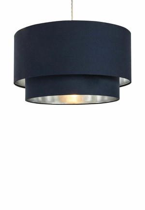 Dark blue double-layered cylindrical pendant light with a glowing bulb inside, hanging from a twisted cord.
