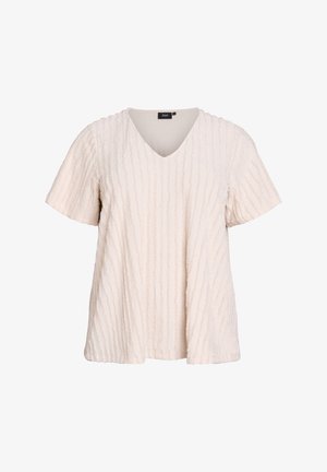 Svetlá béžová blúzka s krátkym rukávom a výstrihom do V. Textúrovaná látka vykazuje vertikálne pruhy. Voľný strih s uvoľnenou siluetou.