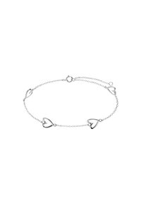 Zilveren kettingarmband met vier holle hartvormige bedels, dunne schakels en een veersluiting. Glad oppervlak en gepolijste afwerking.