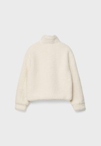 Kremno obarvana polarflis majica s visokim ovratnikom, širokimi rokavi in skrajšanim krojem. Mehak material brez vidnih zaponk ali podrobnosti.