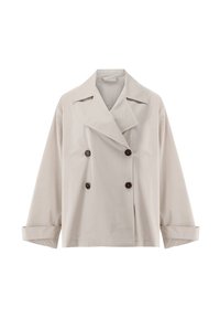 Veste double boutonnage beige clair avec larges revers, manches longues et quatre boutons marron foncé sur le devant.