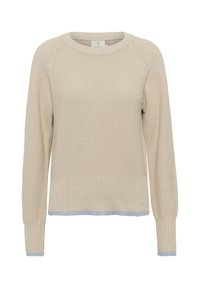 Beige neulepaita, jossa on ribbaus kaula-aukko, pitkät hihat ja vaaleansiniset helma-akkentit. Rakennepinnoite ja laatikkomainen istuvuus.