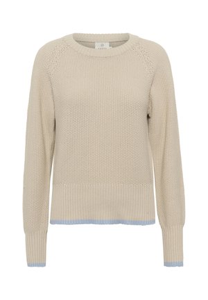 Bežinis megztinis su griovelių apykakle, ilgos rankovės ir šviesiai mėlynos apdailos. Tekstūruotas audinys su dėžutine siluetu.