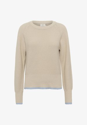 Pulover tricotat bej cu gât rotund ribetat, mâneci lungi și accente în albastru deschis la margini. Material texturat cu o croială boxy.