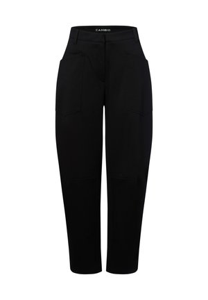 Black trousers with a tailored design, made from a smooth fabric, featuring side pockets and a fitted waist.