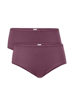 Twee paar hoog-gesneden onderbroeken in een diepe mauve kleur, gemaakt van zachte, elastische stof met een gladde textuur en een eenvoudig ontwerp.