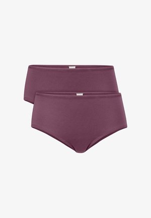 Twee paar hoog-gesneden onderbroeken in een diepe mauve kleur, gemaakt van zachte, elastische stof met een gladde textuur en een eenvoudig ontwerp.