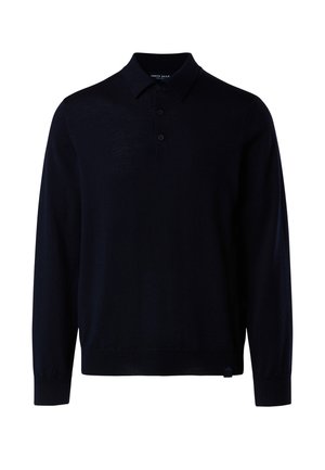 Pull polo à manches longues bleu marine en tissu doux, doté d'un col classique et d'une patte de boutonnage à trois boutons, avec un détail logo subtil.