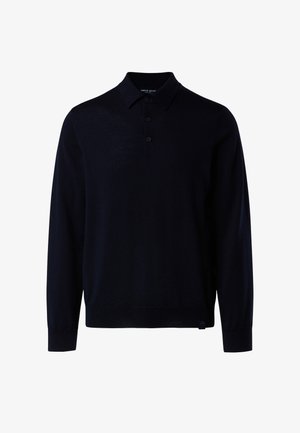 Maglione polo a maniche lunghe blu navy realizzato in tessuto morbido, con colletto classico e abbottonatura con tre bottoni, con un dettaglio logo discreto.
