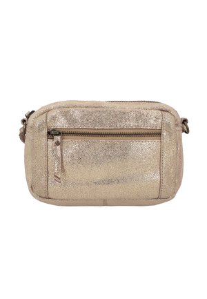 Väike metallik kullavärvi õlakott, millel on esipaneelil lukuga tasku ja reguleeritav rihm, tekstureeritud pind sädelevast viimistlusest.