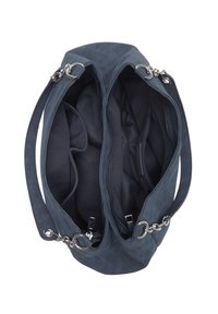 Dark blue leather handbag featuring a spacious interior with multiple compartments, smooth texture, and silver-tone hardware accents.