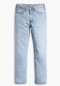 Ljusblå denimjeans, rak benmodell, blekt utförande, fem fickor, metallnitar och en knappstängning i midjan.