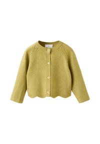 Kinderstrickjacke aus olivgrünem Wolle, mit Rundhalsausschnitt, sechs Knöpfen und einem gewellten Saum mit zarten Stickdetails.