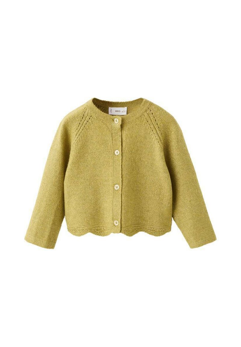 Kinderstrickjacke aus olivgrünem Wolle, mit Rundhalsausschnitt, sechs Knöpfen und einem gewellten Saum mit zarten Stickdetails.