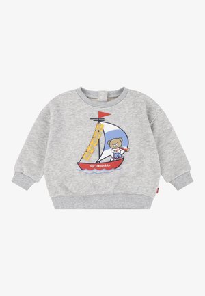 Grauer Sweatshirt für Kleinkinder mit einem Bären, der ein rot-weiß gestreiftes Boot segelt, auf dem "The Original" steht, und gelben "Levi's"-Blöcken auf dem Segel.
