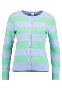 Zielono-niebieski w paski kardigan z długimi rękawami, okrągłym dekoltem i zapięciem na guziki, wykonany z miękkiego dzianinowego materiału.
