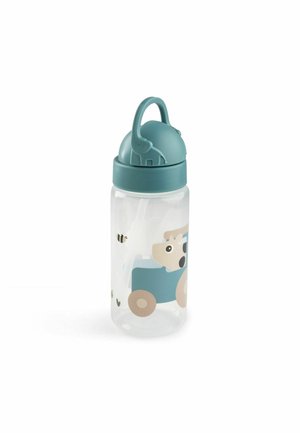 Gennemsigtig børne vandflaske med teal låg og håndtag, med et beige dyr, der kører en blå traktor og en lille illustration af en bi.