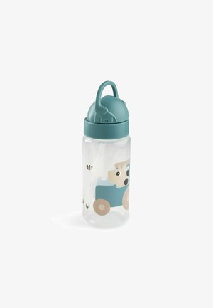 Gennemsigtig børne vandflaske med teal låg og håndtag, med et beige dyr, der kører en blå traktor og en lille illustration af en bi.